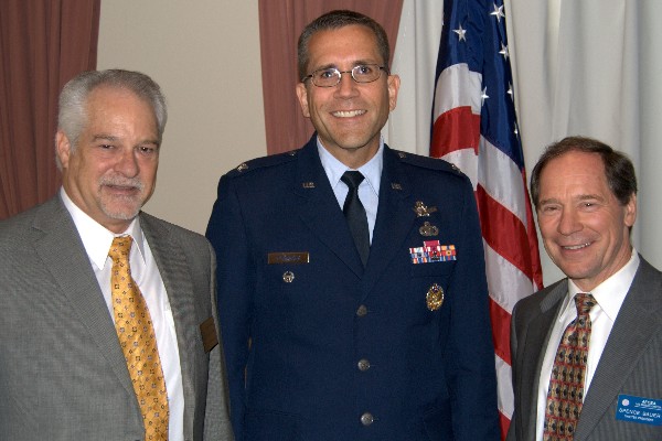 Col. James Planeaux, USAF (c), director, Infrared Space Systems Directorate, Space and Missile Systems Center, joins Doug Holker (l), regional vice president, and Spence Bauer, chapter president, at the chapter’s May meeting.